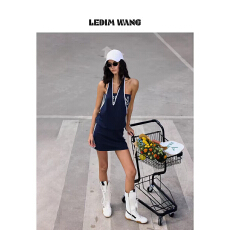批发LEDIM WANG复古运动美式挂脖抹胸连衣裙女26春夏新款假两件藏青色