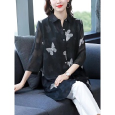 批发2025春夏新款雪纺衬衫女中长款小衫七分袖上衣洋气大码<b class='q'>妈妈</b>装衬衫