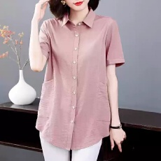 批发春夏大码短袖衬衫女新款中长款宽松妈妈装时尚<b class='q'>上衣</b>洋衬衣