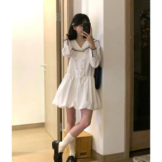 批发韩系时尚设计感小众海军领拼接<b class='q'>连衣裙</b>女学生夏季收腰显瘦<b class='q'>花苞</b>裙子