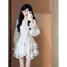 批发<b class='q'>白色</b>超仙收腰显瘦长袖连衣裙女春秋季蓬蓬蛋糕裙气质甜美小白裙子