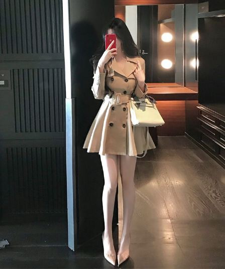 카키 색 바람막이 여성 코트 봄 가을 작은 키 허리 수축 폴로 칼라 블레이저 한국 스타일 캐주얼 품격 코트