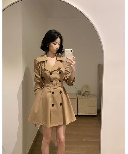 카키 색 바람막이 여성 코트 봄 가을 작은 키 허리 수축 폴로 칼라 블레이저 한국 스타일 캐주얼 품격 코트
