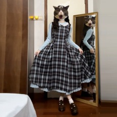 批发2026早春新款复古假两件蓝棕色<b class='q'>蝴蝶结</b>拼接格纹<b class='q'>连衣裙</b>收腰显瘦长裙