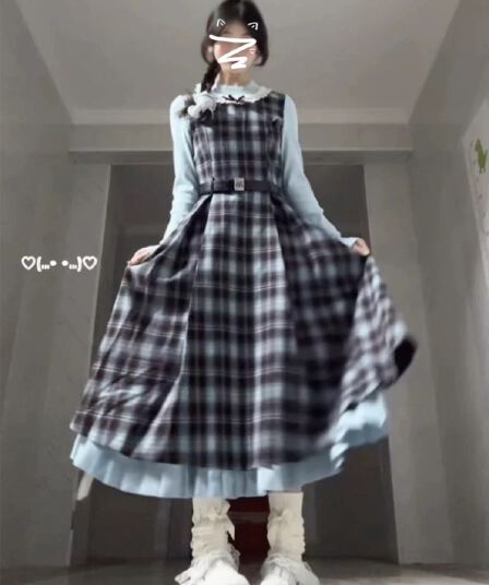 2026 봄 새로운 레트로 페이크 레이어드 블루 브라운 나비 매듭 패치워크 체크무늬 드레스 허리 수축 슬림해 보이는 롱 스커트