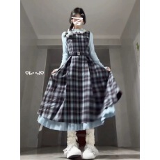 批发2026春季新款复古假两件蓝棕色<b class='q'>蝴蝶结</b>拼接格纹<b class='q'>连衣裙</b>收腰显瘦长裙