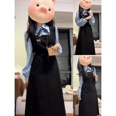 批发韩版学院风假两件连衣裙女装秋季新款茶歇设计感POLO领收腰中长裙