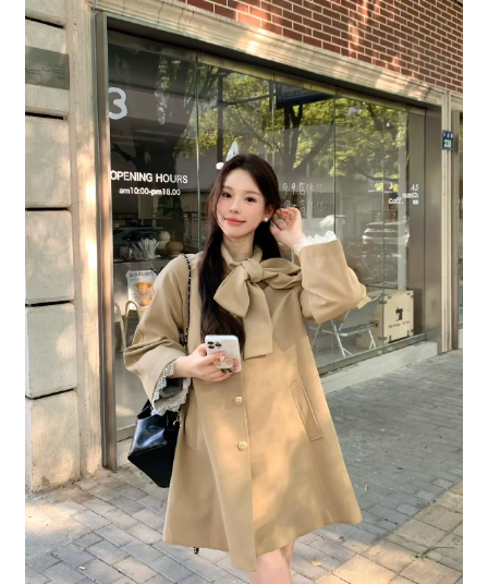 영국식 바람 천 골드 나비 매듭 스탠드 칼라 재킷 재킷 여성 의류 가을 새로운 작은 키 중간 길이 카키 색 코트