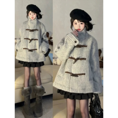 批发韩系慵懒风牛角扣立领双面呢子大衣小个子短款毛呢外套<b class='q'>春</b>冬高级感