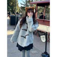 批发日系气质高级感<b class='q'>立领</b>牛角扣呢子大衣女秋冬新款小个子毛呢外套