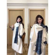 批发白色毛呢外套女秋冬季韩系新款减龄拼接格子长款呢子大衣围脖一体