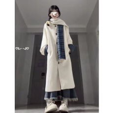 批发白色毛呢外套女秋冬季韩系新款减龄拼接格子长款呢子大衣围脖一体