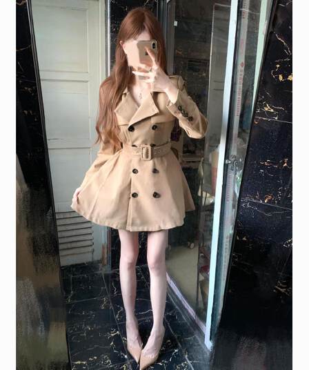 카키 색 바람막이 여성 코트 봄 가을 작은 키 허리 수축 폴로 칼라 블레이저 한국 스타일 캐주얼 품격 코트