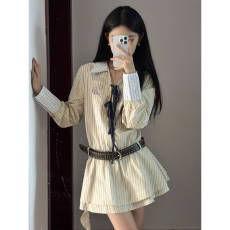 批发学院风长袖条纹衬衫连衣裙女春秋季2025新款茶系穿搭假两件套短裙