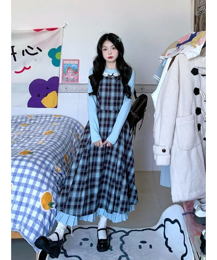 2026 이른 가을 새로운 레트로 페이크 레이어드 블루 브라운 나비 매듭 패치워크 체크무늬 드레스 허리 수축 슬림해 보이는 롱 스커트
