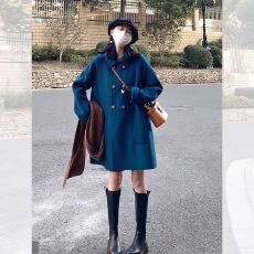 批发蓝色<b class='q'>翻领</b>双排扣毛呢外套女秋冬季气质休闲显瘦减龄中长款呢子大衣