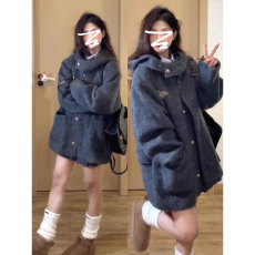 批发灰色连帽呢子大衣女2026秋冬新款高级感小个子加厚毛呢外套