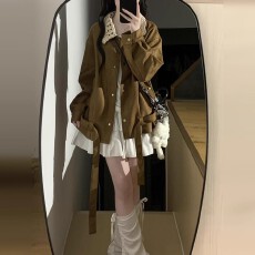 批发美拉德可拆卸镂空花边领夹克外套女2025秋冬新款复古宽松长袖上衣