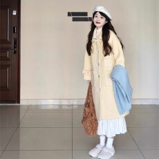 批发日系甜美风翻领黄色毛呢外套女2026冬季<b class='q'>中长款</b>小个子气质呢子大衣