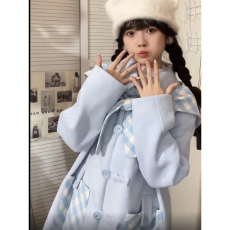 批发2025秋冬新款韩系毛呢外套女小个子高级感超好看甜美蓝色呢子大衣
