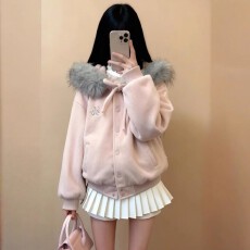批发韩系学院风粉色大毛领棒球服女春秋季<b class='q'>新款</b>蝴蝶结连帽呢子外套上衣