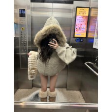 批发美式复古条纹加绒毛领连帽卫衣外套女秋冬新款慵懒风oversize上衣