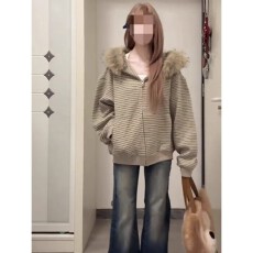 批发美式复古条纹加绒毛领连帽卫衣外套女秋冬新款慵懒风oversize上衣