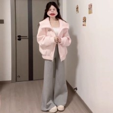 批发羚羊绒+里布2025秋冬新款女粉色学院风宽松休闲连帽毛呢<b class='q'>外套</b>