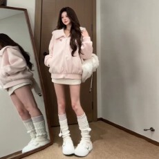 批发羚羊绒+里布2025秋冬新款女粉色学院风宽松休闲连帽毛呢<b class='q'>外套</b>