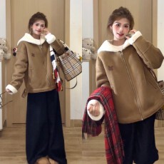 批发日系复古麂皮羊羔毛绒外套女秋冬2026新款加绒加厚保暖海军领上衣