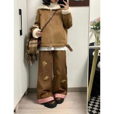 批发己出货 鹿皮绒海军领棕色外套新款加厚保暖夹克上衣潮