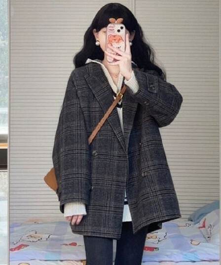 한 부서 코트 작은 샤넬 스타일 소금 부서 빛 요리 한 바람 체크무늬 모직 외투 고급 센스 느긋한 한 바람막이 중간 길이 의류