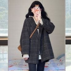 批发韩系大衣小香风盐系轻熟风格子毛呢外套高级感慵懒韩风衣中长款衣