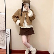 批发复合兔毛韩系皮毛一体加绒短款女秋冬小个子<b class='q'>甜美</b>宽松外套
