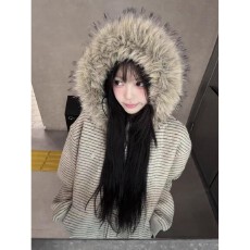 批发美式高街条纹毛领连帽卫衣女秋冬宽松韩系慵懒风加绒加厚开衫外套