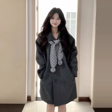 批发【有围巾】韩系小香风灰色毛呢外套女装冬季2025新款小个子大衣