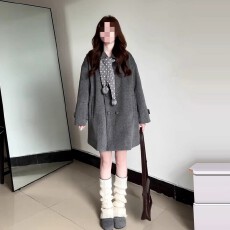 批发有围巾韩系小香风灰色毛呢外套女装冬季2025新款小个子大衣