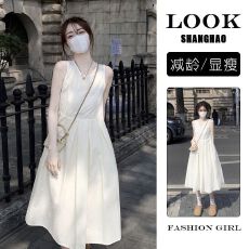 批发韩系新款女装茶歇法式白色无袖<b class='q'>连衣裙</b>小个子显瘦背心裙子