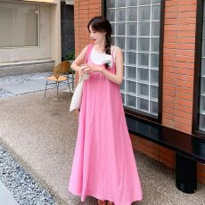 批发三亚旅行穿搭粉色多巴胺法式无袖吊带<b class='q'>长裙</b>海边度假休闲<b class='q'>拖地</b>连衣裙