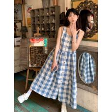 批发复古<b class='q'>格子</b>无袖<b class='q'>连衣裙</b>2026蓝色夏季新款背心休闲显瘦慵懒长裙