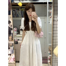 白色连衣裙2026新款夏季法式高级感抽绳显瘦收腰小个子初恋长裙子