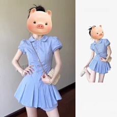 批发蓝色格纹衬衫连衣裙<b class='q'>女装</b>2026夏季爆款小个子收腰显瘦气质百褶短裙