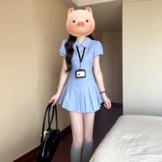 批发学院风polo领蓝色格子衬衫裙女夏季新款小个子收腰显瘦百褶短裙子