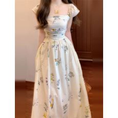 批发法式方领小飞袖碎花连衣裙子女夏季2026新款收腰露背气质a字<b class='q'>长裙</b>