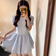 批发学院风娃娃领蓝色条纹短袖衬衫<b class='q'>连衣裙</b>子女夏季小个子收腰蓬蓬短裙