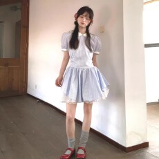 批发学院风娃娃领蓝色条纹短袖衬衫<b class='q'>连衣裙</b>子女夏季小个子收腰蓬蓬短裙