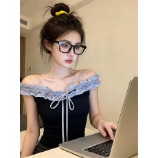 批发美式复古撞色木耳边系带短袖t恤女夏季小个子收腰辣妹露肩短上衣
