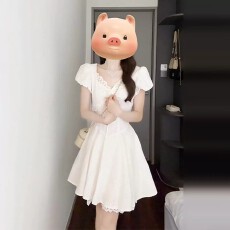 原版面料做法有内衬# 法式甜美白色V领连衣裙女夏季泡泡袖小白裙