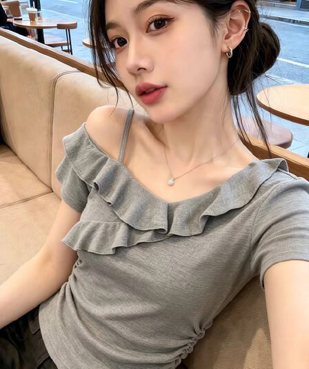 260 그램 사람들 면 회색 고급 센스 프릴 비스듬한 어깨 반팔 티셔츠 여성 여름 핫걸 오프숄더 아름다운 맨위
