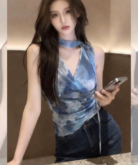 블루 색 후광 염색 프린트 V넥 리본 조끼 여성 민소매 허리 수축 아름다운 슬립 자이언트 잘 생긴 Chic 맨위 여름